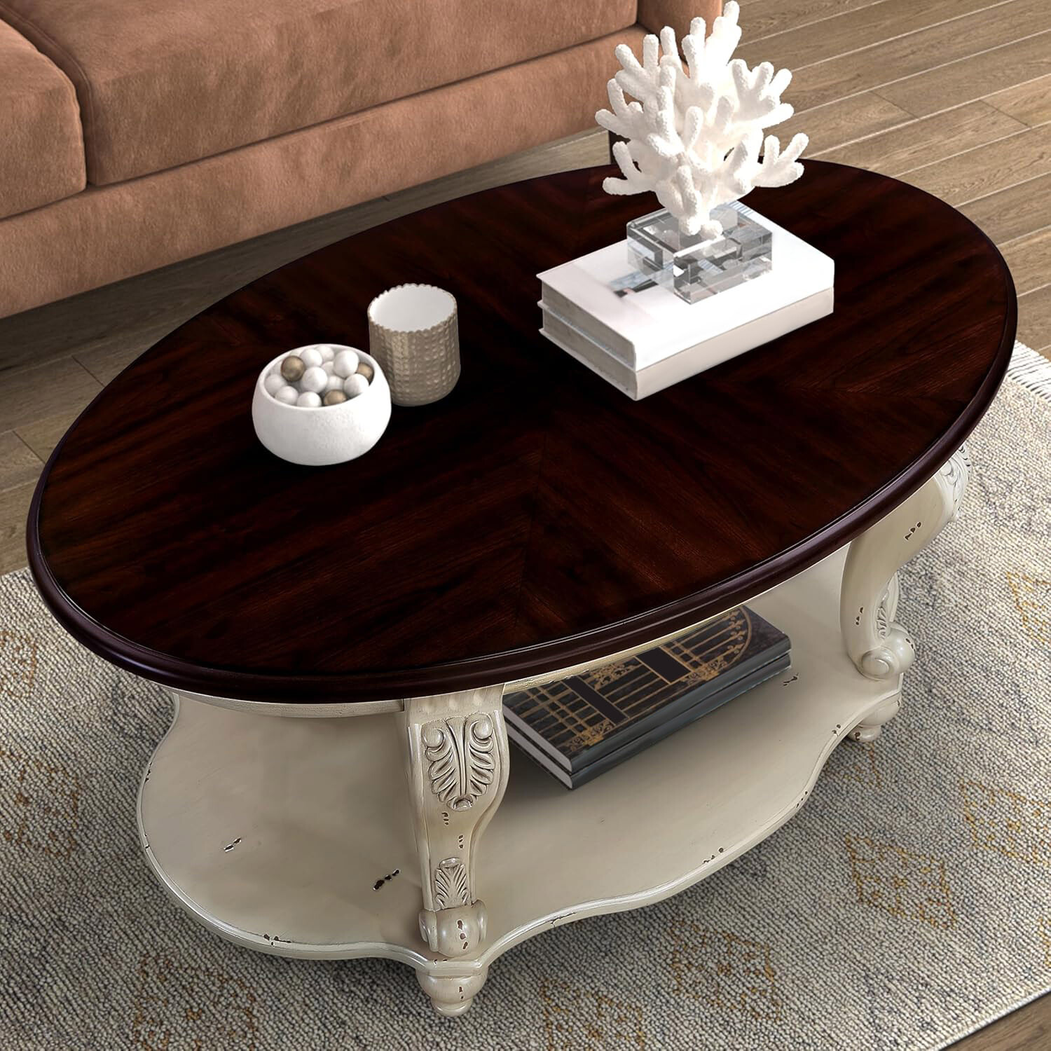 Coffee Table with Solid Wood Legs, 2 Tiers Center Table with Open Storage Shelf