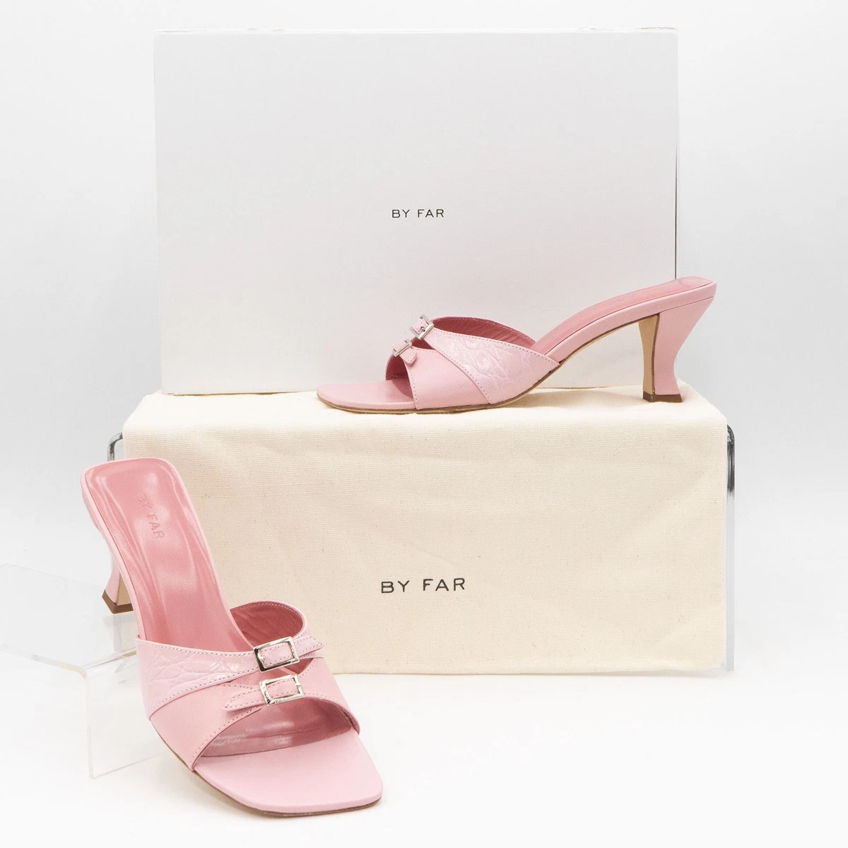 BY FAR Womens Sandals Noor Pink Peony Glass Leather 70 Heels Slip