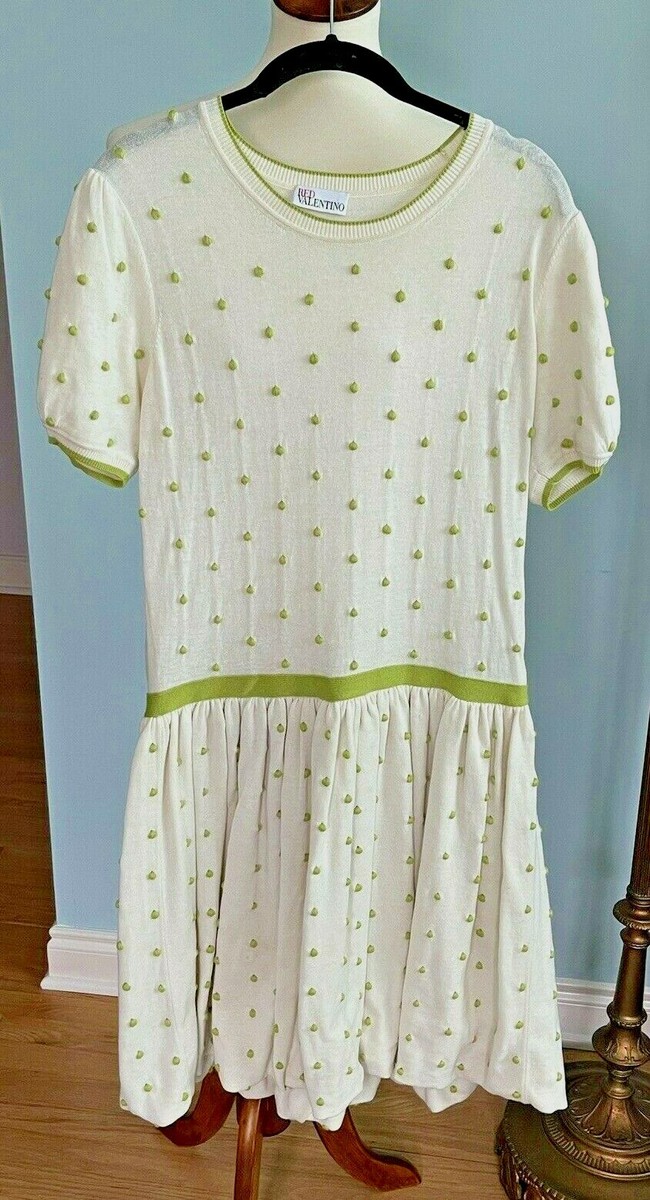 RED VALENTINO Ivory Cotton Knit SS Dress w/Green Polka Dots Size L Bubble  Hem | eBay