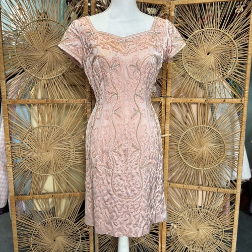 Vintage 50s 60s Sequin Cocktail Dress S/M Pale Pink Satin Party Dress Bernetti - Image 1