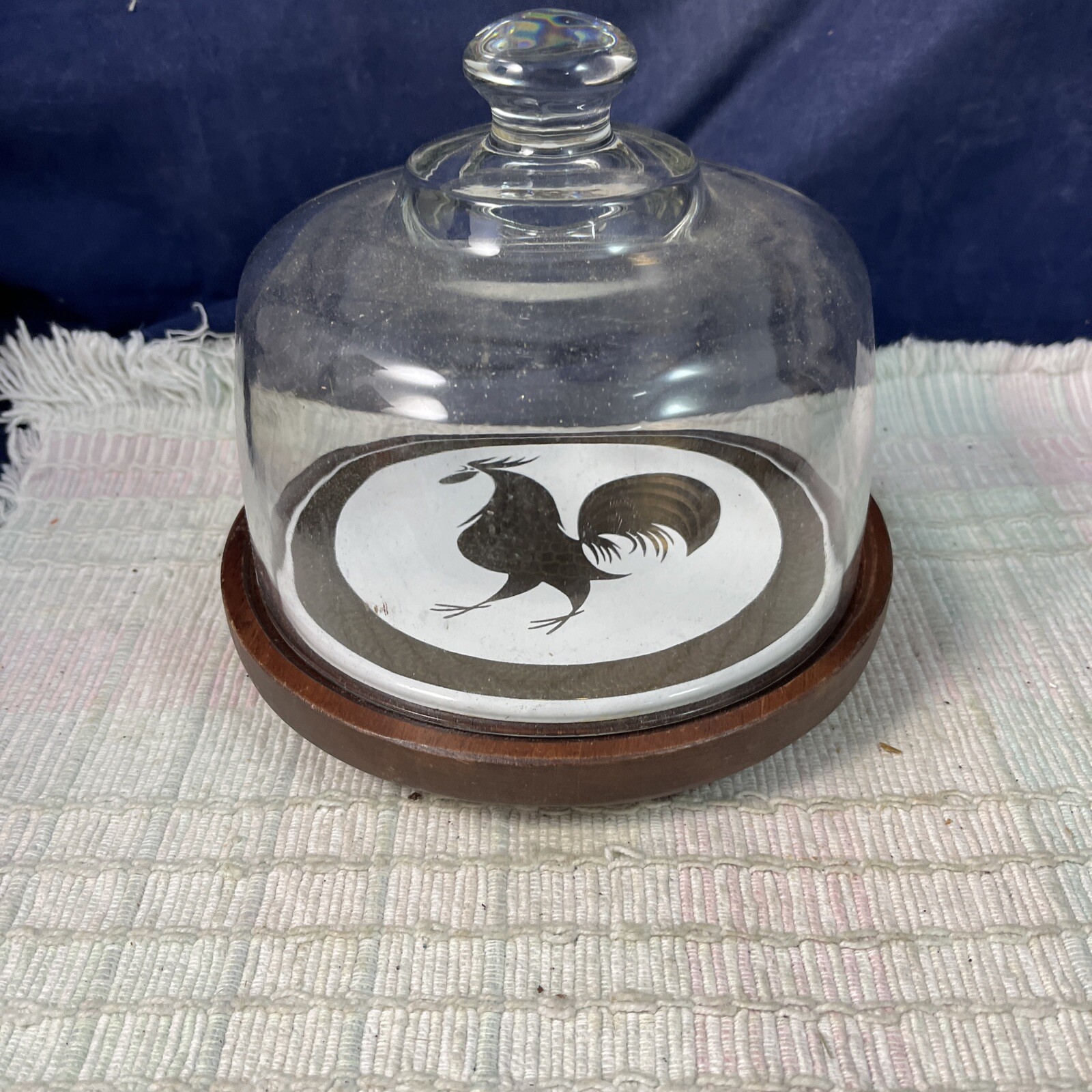 Cutting Board Wood Ceramic Tile Tray Trivet Cheese Dish Rooster Vintage 7” W/Lid-image
