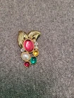 Miriam Haskell Style Multi-Colored Cabochon Rhinestone & Pearl Goldtone Brooch