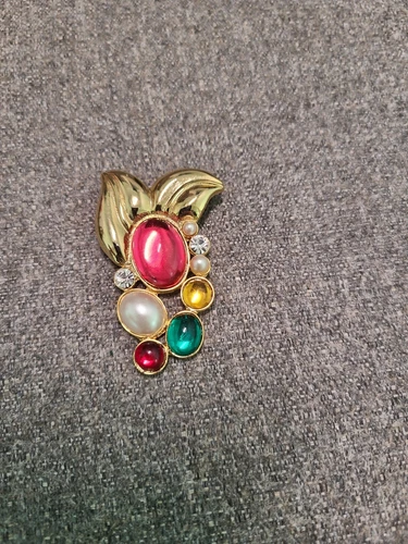 Miriam Haskell Style Multi-Colored Cabochon Rhinestone & Pearl Goldtone Brooch