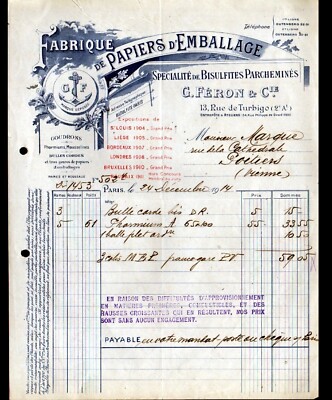 PARIS (II° & XVIII°) VERPACKUNGSPAPIERFABRIK ''G. FERON'' Rechnung 1914