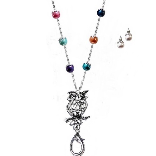 Lanyard necklace beaded Owl Charm with pearls COLOR CHOICE, optional earrings - Picture 14 of 20