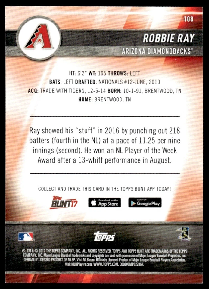 2017 Topps Bunt Purple Robbie Ray 17/25 Arizona Diamondbacks #108 - Image 2 of 2