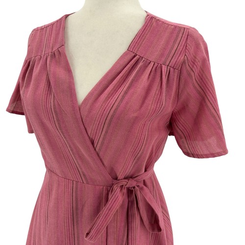 NWT Francesca's Alya Rayon Linen Pink Striped V-Neck Short Wrap Dress Womens S - Picture 2 of 9