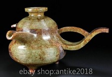 12.4" Old China Hetian Jade Hand Carved Palace 3 Leg Long Handle Kettle Pot