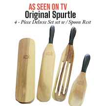 Original Spurtle Deluxe Set w/ Spoon Rest 4 pc Set Acacia Wood Handle