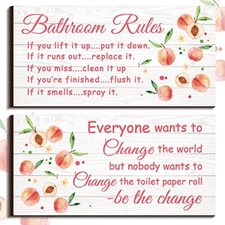 2 Pack Funny Bathroom Wall Decor Sign Wooden Toilet Bathroom Rule Wall Art