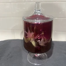 Wendell August Forge Ruby Flashed Stained Etched Covered Candy Dish Birds 9" VTG
