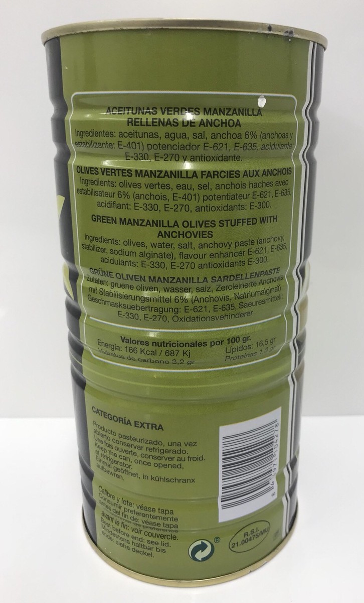 Pujado Solano Manzanilla Olives With Anchovy 1.4 Kg Oil Pujadó Solano S.A.  - SOLÉS Anchovies Pujado Solano Manzanilla Olives With Anchovy 1.4 Kg Butter
