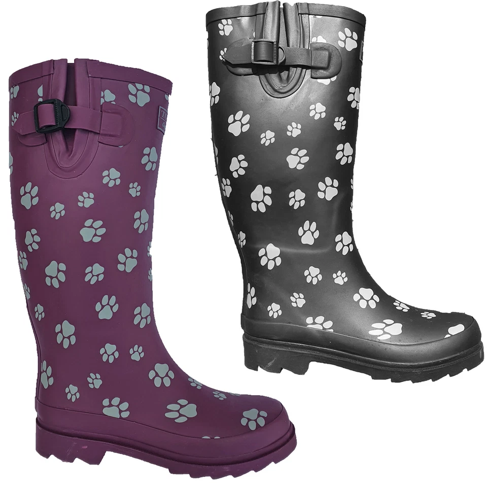 Womens Tall Rubber Wellies Dog Paw Print Adjustable Buckle Snow Rain Boots UK3-9