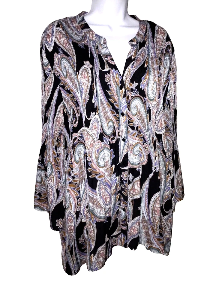 Top túnica Spense para mujer Plus 3X multicolor estampado cachemira botones manga acampanada Foto 4 de 4