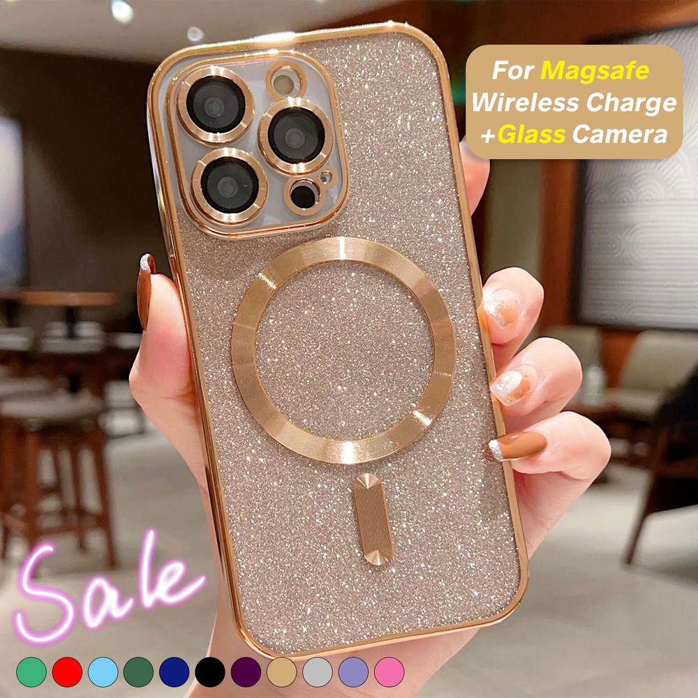 For iPhone 15 14 13 12 11 Pro Max XS Glitter Mag Safe Magnetic Plating Slim Case