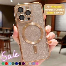 For iPhone 16 15 14 13 12 11 Pro Max Glitter Mag Safe Magnetic Plating Slim Case