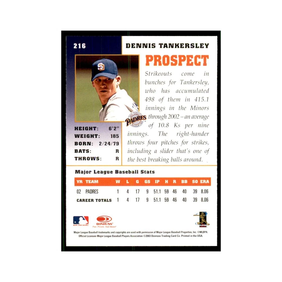 2003 Donruss Champions Dennis Tankersley Baseball Cards #216 - Image 2 of 3