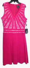 ADRIANNA PAPELL Barbie Hot Pink Lace Bodice V-Neck Jersey Fit Flare Dress 8 = M