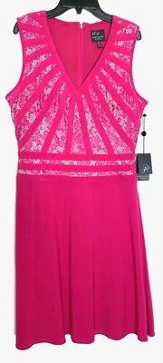 ADRIANNA PAPELL Barbie Hot Pink Lace Bodice V-Neck Jersey Fit Flare Dress 8  = M | eBay