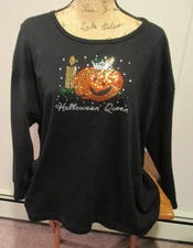 Get Lucky Black Halloween Top embellished with pumpkin, 3X