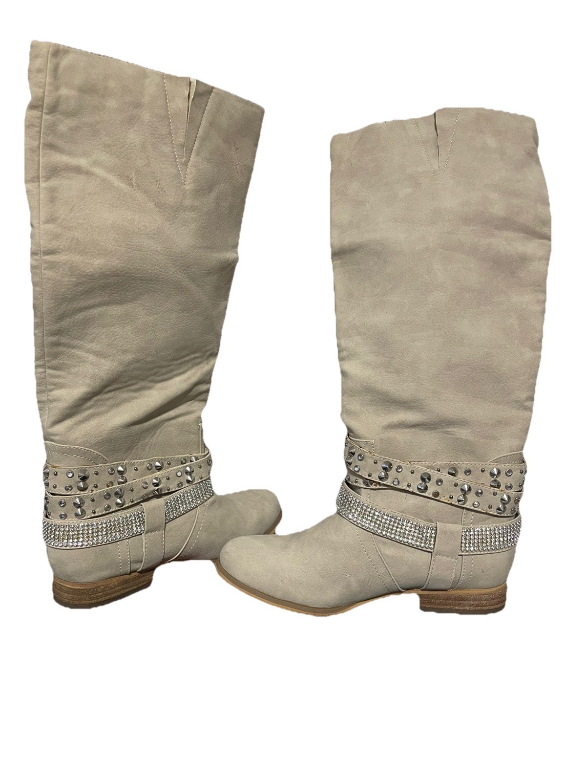 Not Rated Bling Boots Tall Womans Size 8 1/2 Studs Rhinestones Cream Faux Suede 