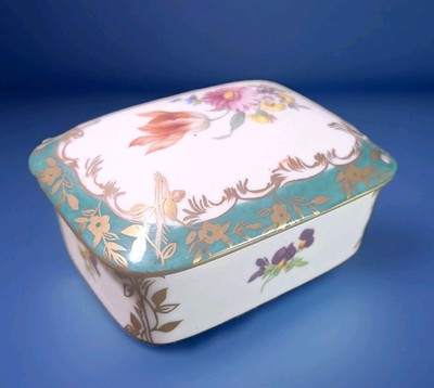 Vintage Elios H&F Hand-Painted Porcelain Floral Jewelry/Trinket Box Blue w/Lid 