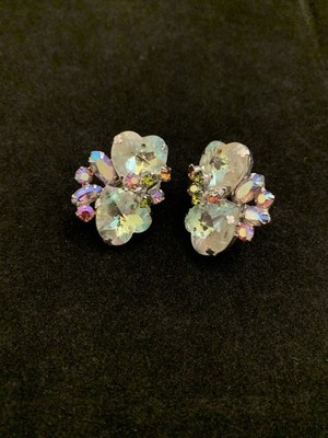 Vendome Vintage Heart Crystal Aurora Borealis Clip On Earrings