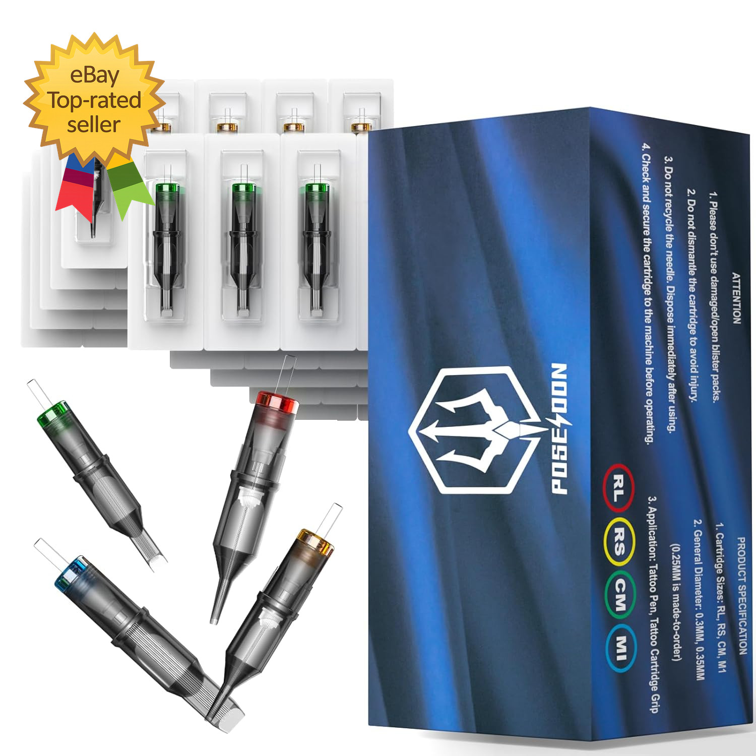 Poseidon Tattoo Cartridge Needles 50Pcs Assorted Mixed Size round Liner Shader M