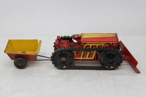 Vintage Marx Windup Tin Climbing Tractor Plow Trailer / Winds But Does Not Run