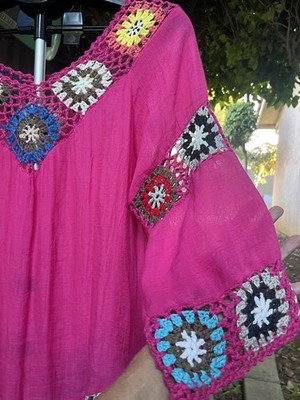 Asha Bohemian Hippie Gypsy Multicolored Crochet Fringe Resortwear Tunic Top M