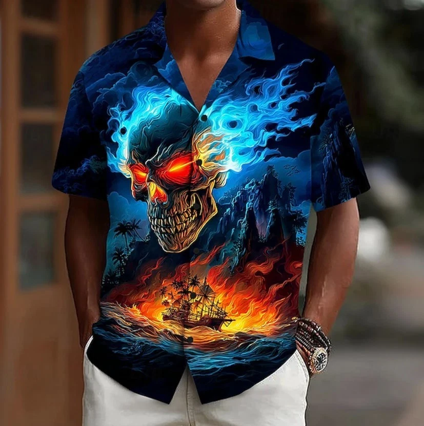 Men's Skull Flame Sailboat Shirt Cuban Collar Shirt Button Up Shirt Short Sleeve