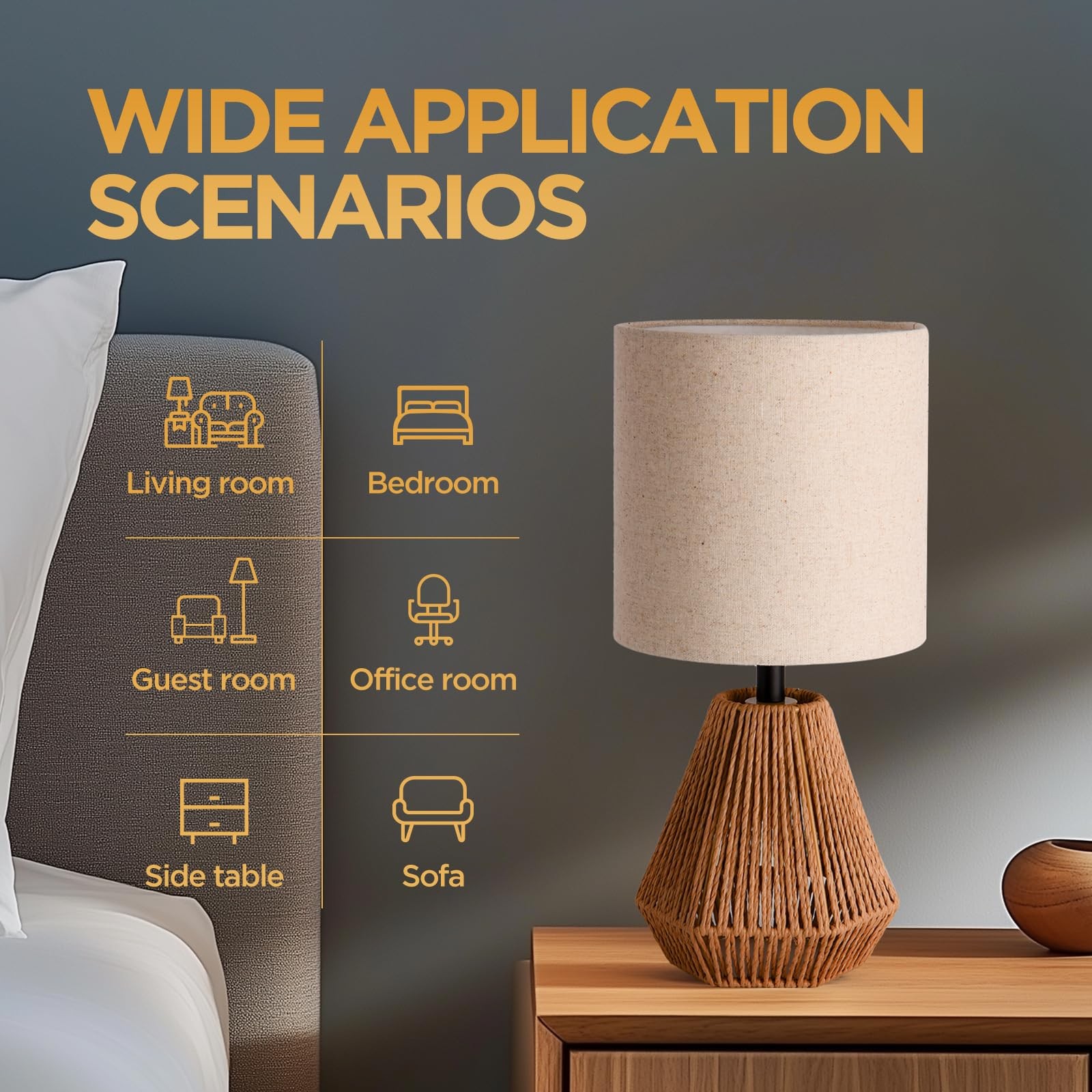 Boho Table Lamp with Linen Drum Shade, 14.17” Bedside Lamp with E26 Rattan Ba...