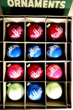RARE Vintage Shiny Brite opaque non silvered stenciled ornaments. NOS. UV glow