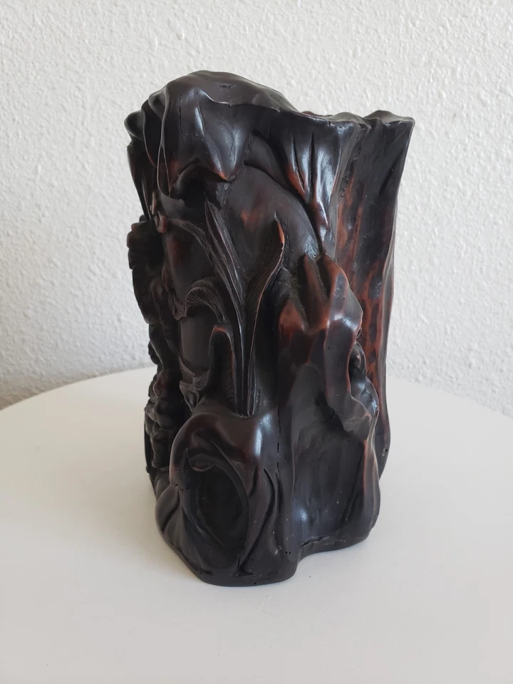 Antigua taza china tallada en resina en relieve género escena libación años 1900-1920 8"" Foto 4 de 4