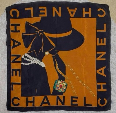 CHANEL Mademoiselle pattern Silk Scarf Brown about 33.07 x 33.85