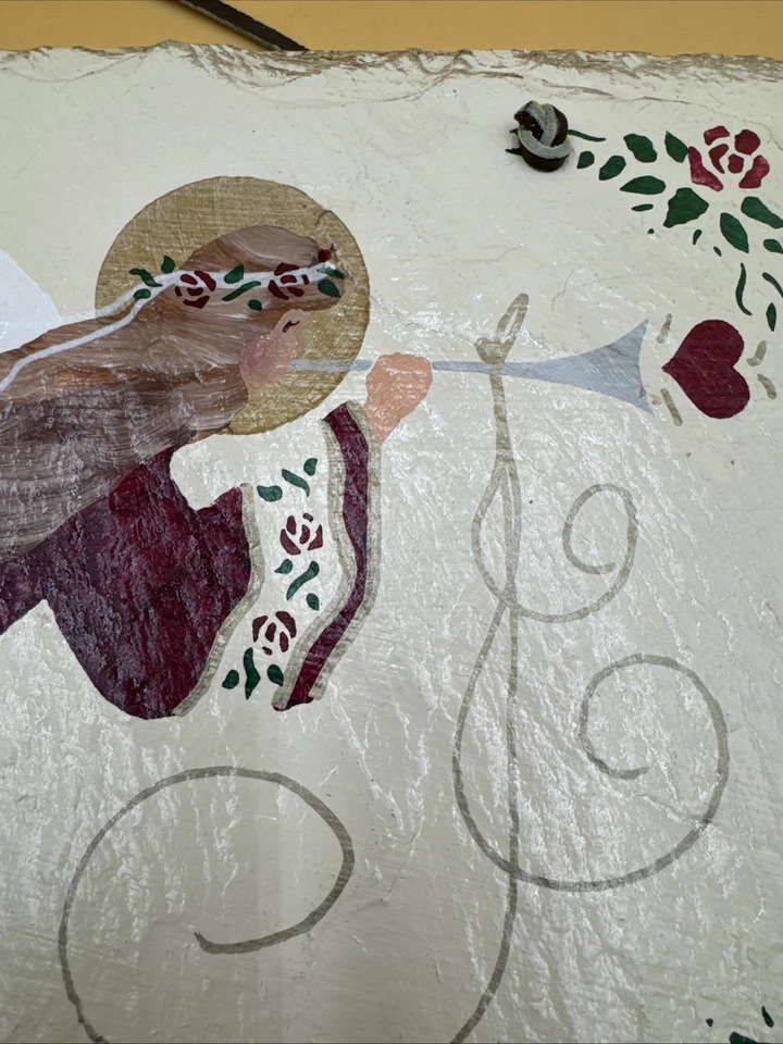 Trompete anjo voador de Natal pendurado na parede ardósia pintado à mão assinado 1996 - Imagem 2 de 4