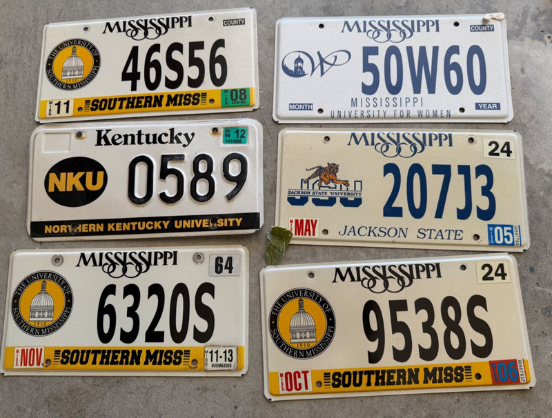 Lot of Six Collegiate License Plates, 1 Kentucky, 5 Mississippi, for one bid