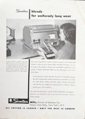 Simtex Simmons Tablecloth Quality Control Lady Cotton Vintage Print Ad 1955