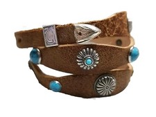Scalloped HATBAND Tan LEATHER w/ Silver + TURQUOISE CONCHO'S and 3-pc Buckle Set