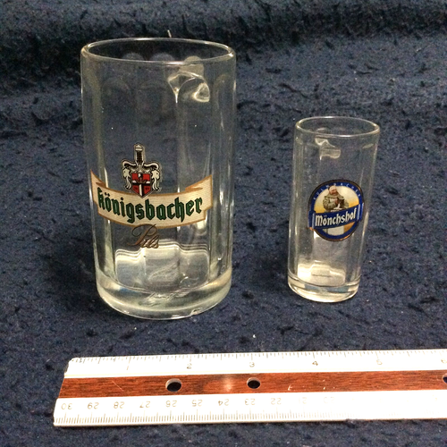 TWO (2) GLASS MUGS ● Konigsbacher Beer Mug ● Mönchshof  Beer miniature ● Germany - Picture 2 of 16