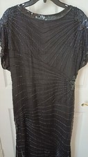 Vintage Black Sequined Gown, Long Dress, Lawrence Kazar XL 100 Silk made India