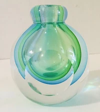 Sommerso Hand Blown Art Glass Bud Vase Blue & Green 4.5" Tall