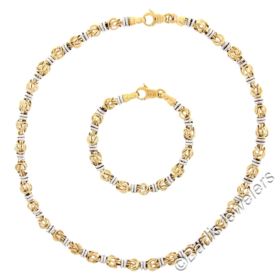 14k Two Tone Gold Polished Barrel Interlocking Open Link Bracelet Necklace Set - Image 2 of 4