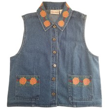 Austin Harris Nwt Cotton Blue Denim Vest Sz M Women Floral Embroidery Vtg 80 90s