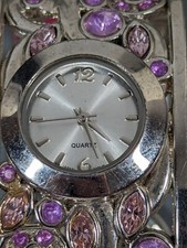 Silver Tone Dial Round Case Purple Crystal Accent Hinge Bracelet Band Watch