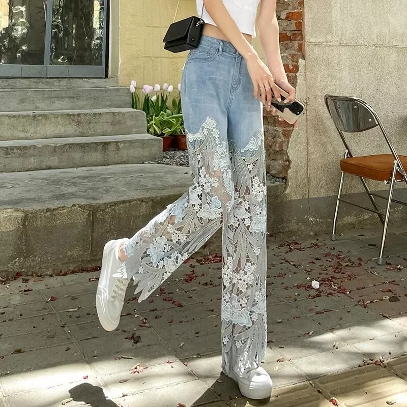 Womens Floral Lace Patchwork Straight Legs Denim Pants Casual Jeans  Trousers new