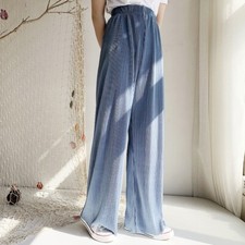 Damen Satin Kunstseide Hose Plissiert Weites Bein Gerade Hose Sommer Freizeit