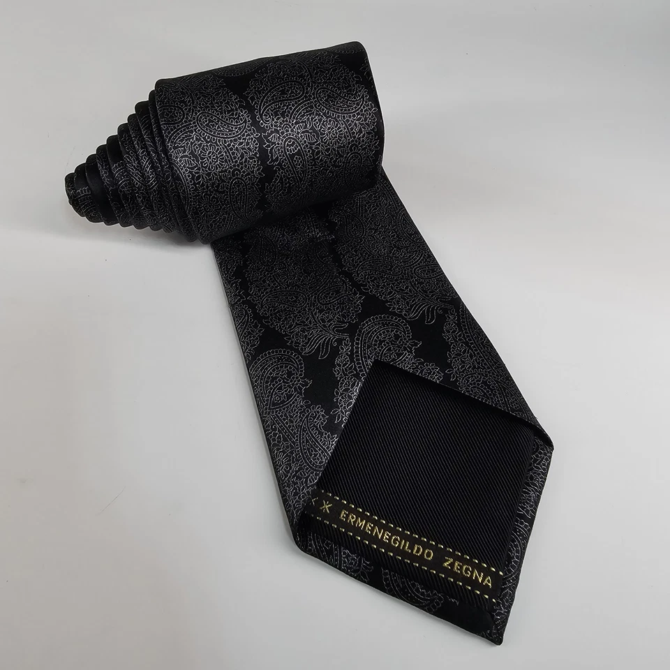 Ermenegildo Zegna Silk Tie Paisley Black Silver Gray Floral Satin Long 60+ Italy - Image 3 of 4