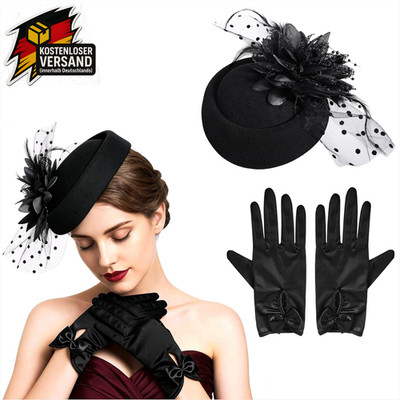 Vintage Damen Fascinator Hut Set mit Blumen Feder und Netzschleier für Hochzeite
