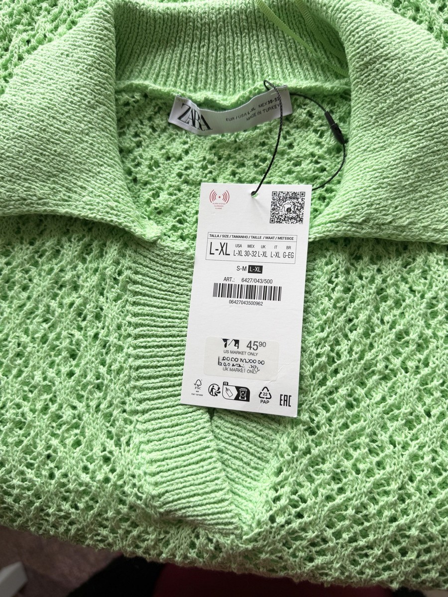 New ZARA Vintage Style Knitted Oversized Polo Shirt Top Lime Green